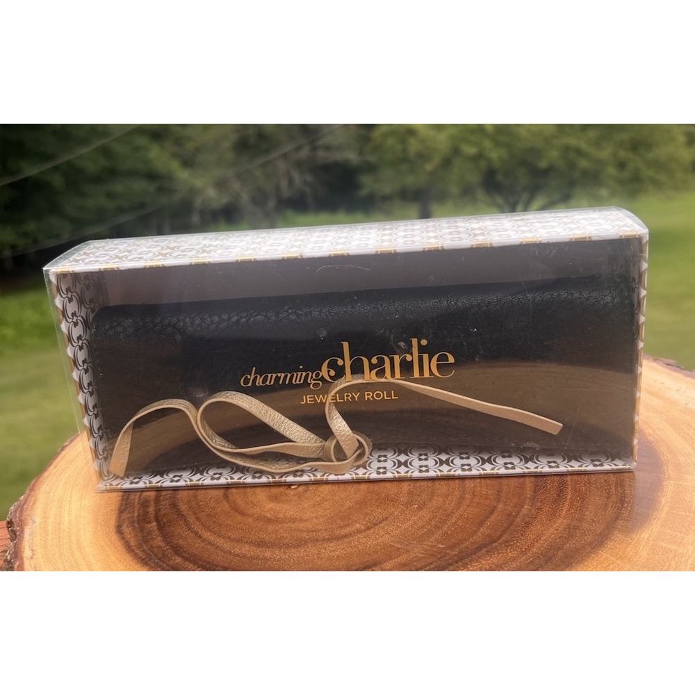 Charming Charlie  Jewelry Roll Case Black Pebbled Leather With Gold Tie Strap